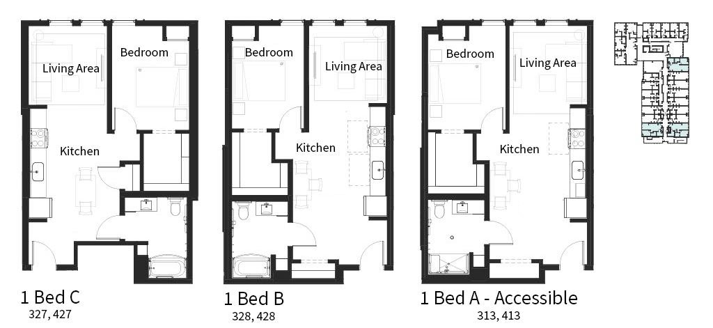Floor plan for 1 bed, 1 bath, 604 sqft